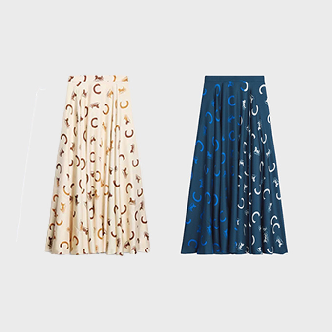 celine classic carriage emblem c letter printed twill silk high waist a-line midi skirt